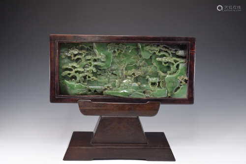 A Green Jade Carved Character with Landscape Table Plaque