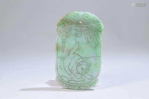 A Green Jadeite Carved Cat Pendant Flake