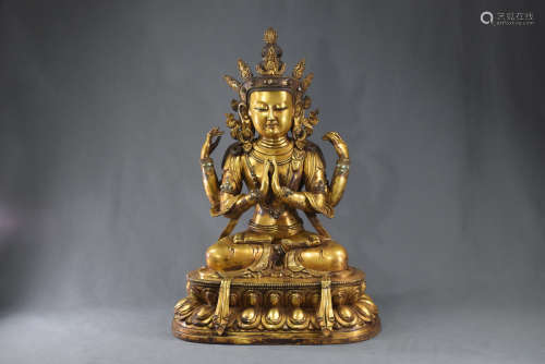 A Gilt Bronze Four Hands Avalokiteshvara Figure Statue
