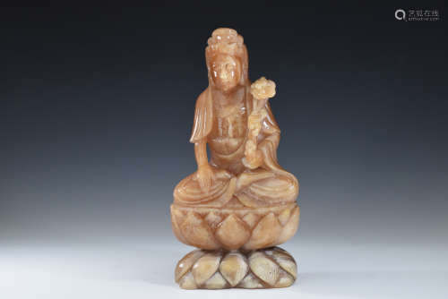 A Brown Color Soft Stone Carved Guanyin Figure Statue