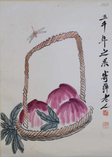 A Chinese Basket of Peach Painting, Qi Baishi Mark