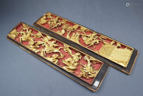 A Pair of Carved Character Long Gilt Wood Flake Ornament