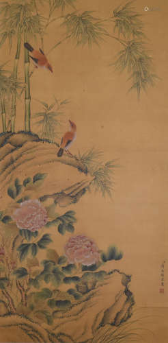 A Chinese Bird with Flower Silk Painting, Jiang Yanxi Mark