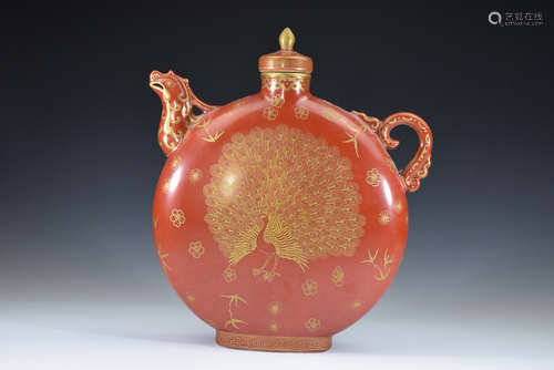 A Orange Glazed Gold Drawing Peacock Porcelain Pot