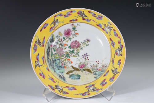 A Famille Rose Yellow Base Drawing Bird with Flower Porcelai...