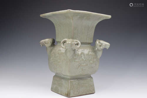 A Grey Glazed  Four Ram Head Square Shape Porcelain Vase