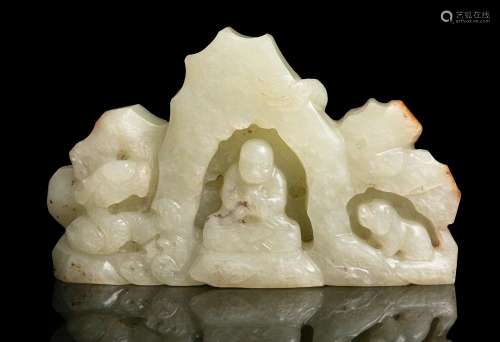 A WHITE AND RUSSETS JADE MOUNTAIN SHAPED 'LUOHAN' BRUSHREST ...