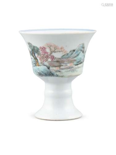 A FAMILLE ROSE PALETTE 'LANDSCAPE' PORCELAIN STEM CUP China,...