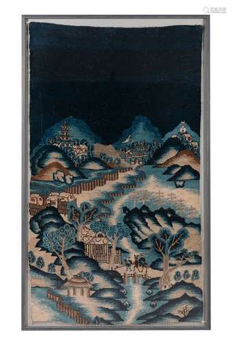 AN ANTIQUE CHINESE HAND-KNOTTED PICTORIAL WOOL RUG China, Ba...