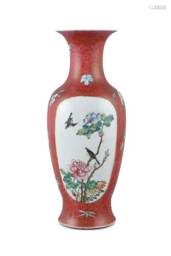 A SGRAFFIATO RUBY GROUND 'MAGPIES' PORCELAIN BALUSTER VASE, ...