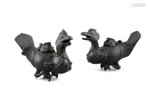 A PAIR OF BRONZE 'DUCKS' INCENSE BURNERS Probably China and ...