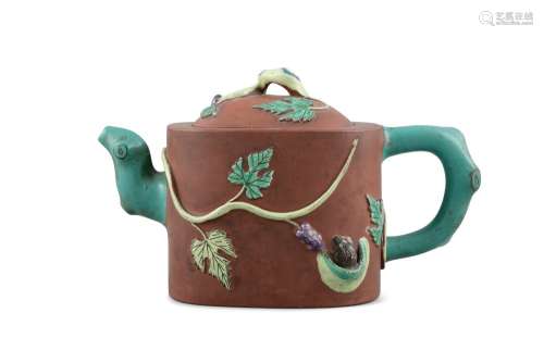 AN ENAMELLED YIXING WARE 'SQUIRREL AND GRAPES' LIDDED TEAPOT...