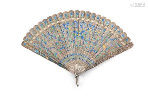 A CHINESE EXPORT ENAMELLED FILIGREE SILVER FOLDING FAN China...