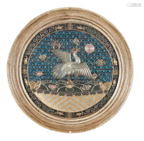 A ROUND EMBROIDERED SILK 'CRANE' ROUND BADGE, BUZI China, Qi...