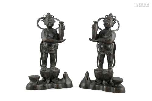 A LARGE MIRROR PAIR OF STANDING BRONZE ATTENDANTS China, Min...