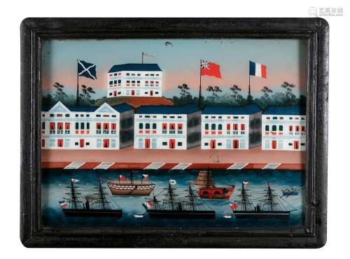A CHINESE REVERSE PAINTED GLASS PICTURE 'VIEW OF SINGAPORE' ...