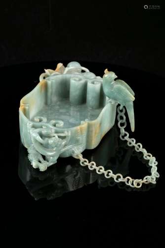A LINGZHI-SHAPED JADEITE JADE BRUSHWASHER WITH A PARROT Chin...