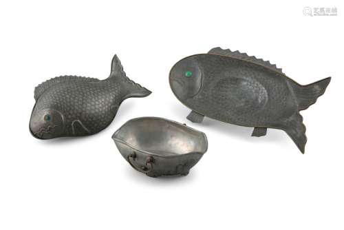 A PEWTER FISH-SHAPED TUREEN AND DISH PROBABLY BY THE FACTORY...