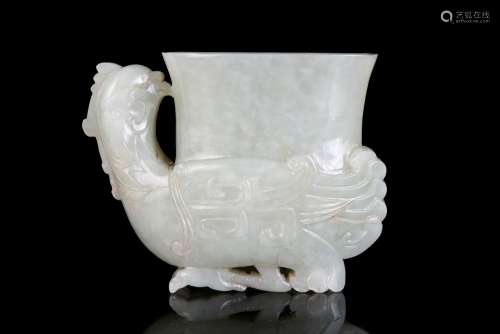 A JADE PHOENIX ARCHAISTIC VESSEL, RHYTON OR GONG China, Qing...