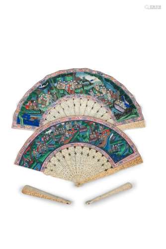 * A GROUP OF FOUR (4) FOLDING FANS China, Qing Dynasty, 19th...