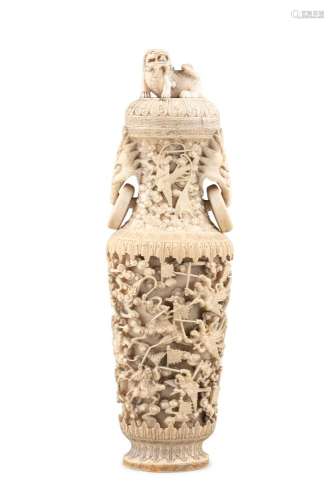 *AN IVORY LIDDED URN WITH LOOSE RING HANDLES China, Canton, ...