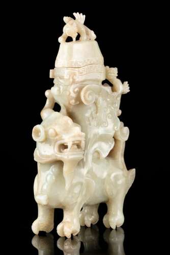 A LARGE JADE 'QILIN' ARCHAISTIC VESSEL AND COVER, RHYTON Chi...