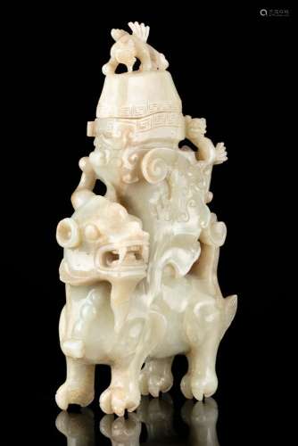 A LARGE JADE 'QILIN' ARCHAISTIC VESSEL AND COVER, RHYTON Chi...