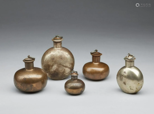 Arte Indiana A group of five pilgrim metal flasks