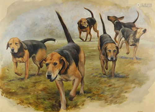 Sarah Aspinall - Hunting hounds, oil on board, mounted