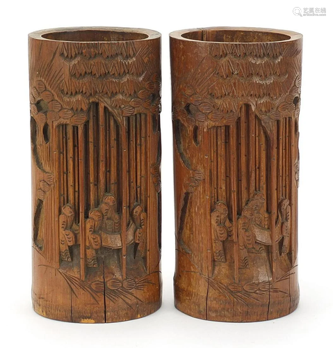 Pair of Chinese bamboo brush pots carved with figures,