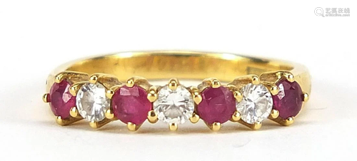 18ct gold diamond and ruby half eternity ring, the