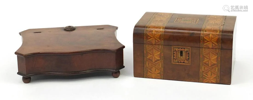 Two antique wooden boxes comprising an inlaid walnut