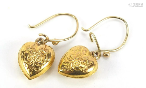 Pair of Victorian design 9ct gold love heart drop