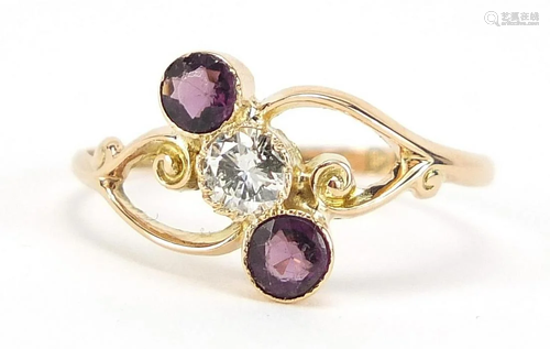 George V 9ct gold diamond and amethyst ring, the