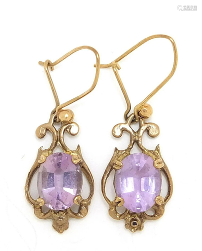 Pair of 9ct gold amethyst drop earrings, 3cm high, 2.5g