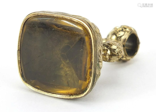 Large antique gold coloured metal citrine fob, 3.5cm