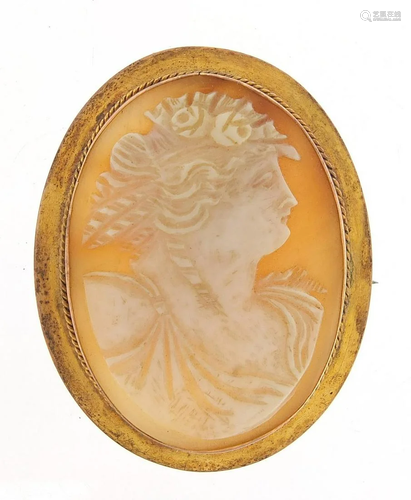 9ct gold cameo maiden head brooch, 5cm high, 10.6g