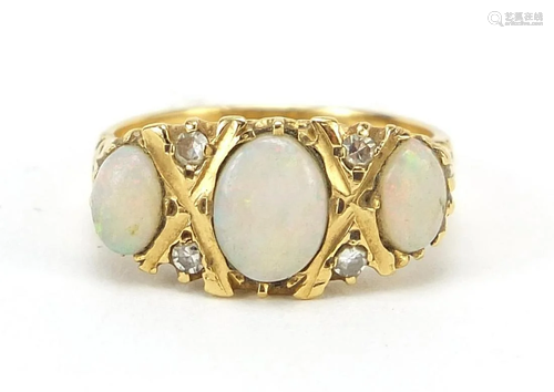 18ct gold cabochon opal and diamond ring, size N, 5.5g