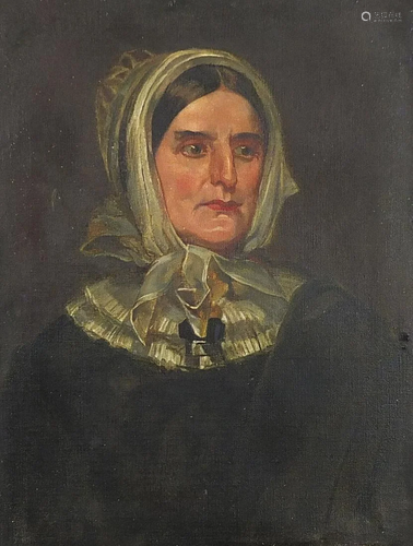 Head and shoulders portrait of a lady wearing a bonnet,