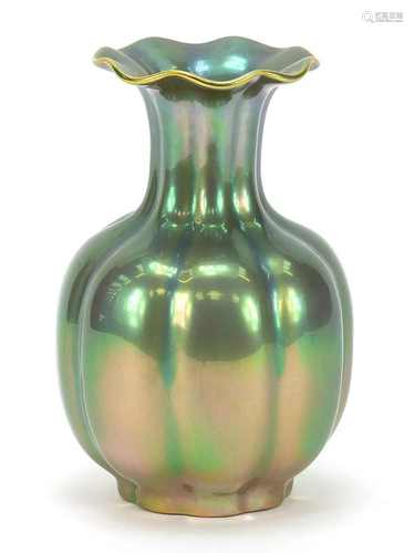 Zsolnay Pecs, Hungarian green lustre vase, 15.5cm high