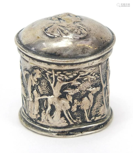 Antique silver cylindrical box with hinged lid embossed