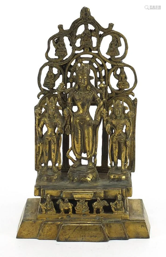 Chino Tibetan bronze figure group of three deities,