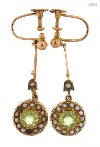 Pair of 9ct gold peridot and seed pearl drop earrings,