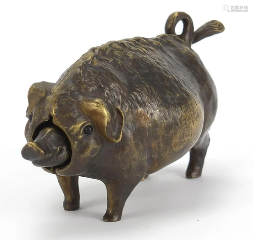 Patinated bronze boar design desk bell, 16.5cm in