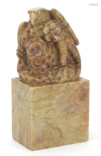 Large Chinese soapstone bird seal carved with flowers,