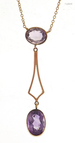 Art Nouveau unmarked gold amethyst necklace, 40cm in
