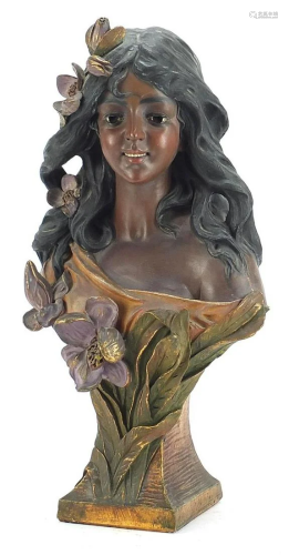 Art Nouveau painted terracotta vase bust of a maiden