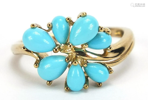 9ct gold turquoise cluster ring, size R, 3.0g