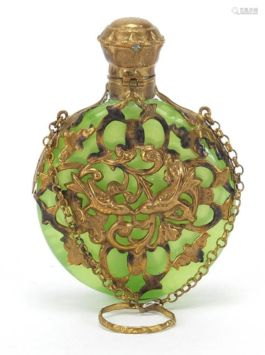 Antique green glass scent bottle with brass foliate