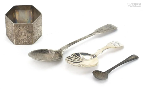 Silver items including a Georgian caddy spoon with